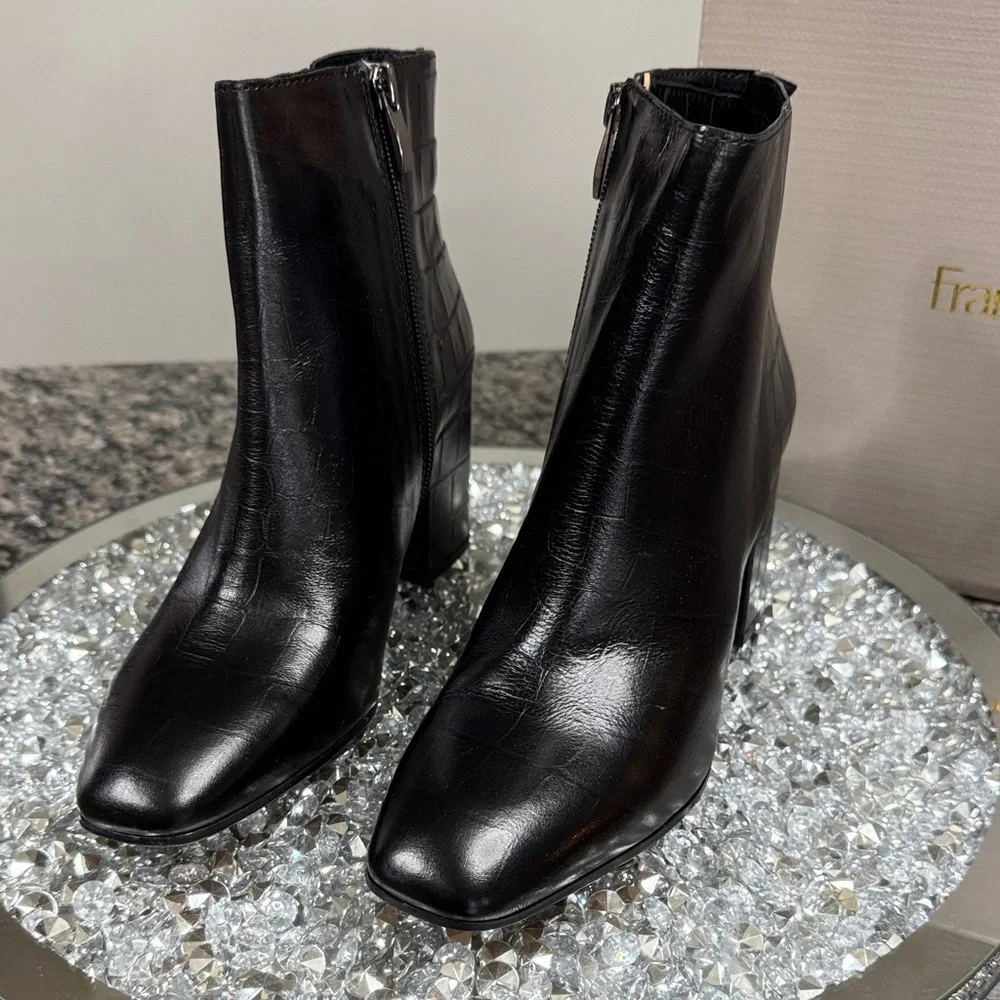 Franco Sarto Black Croc-Textured Leather Block Heel Ankle Boots NEW 8